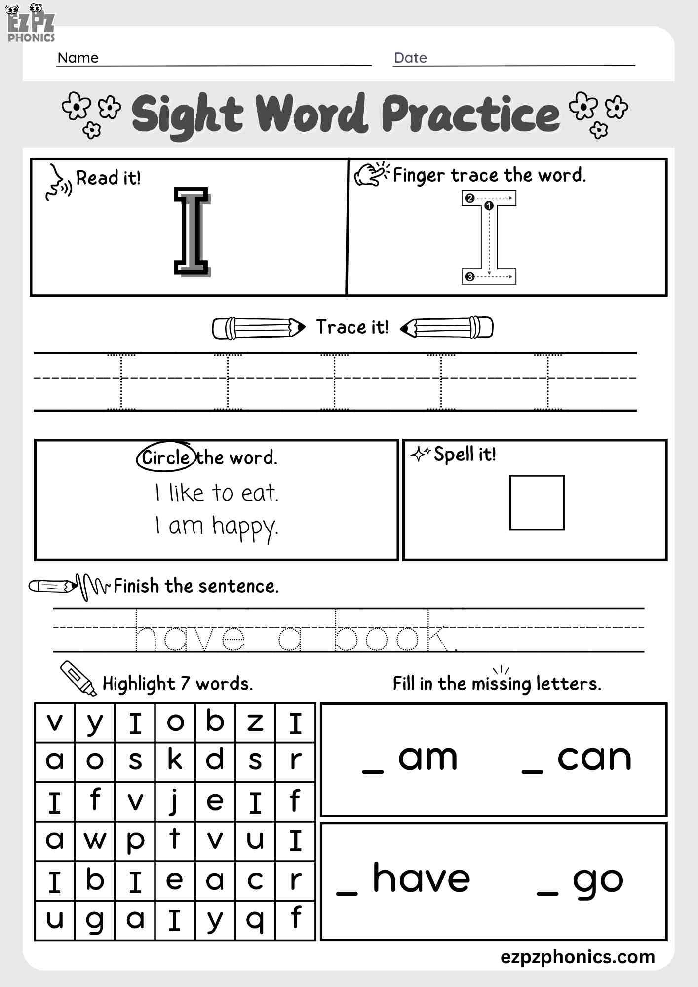 The Word "I" Dolch Sight Word Worksheet Activity for Pre-Kindergarten and Kindergarten Students PDF Download